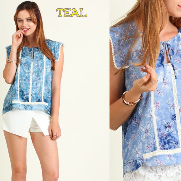 UMGEE  Ladies Tie Dye Keyhole Top with Lace Trim and Floral Print  Brand New - Picture 1 of 7